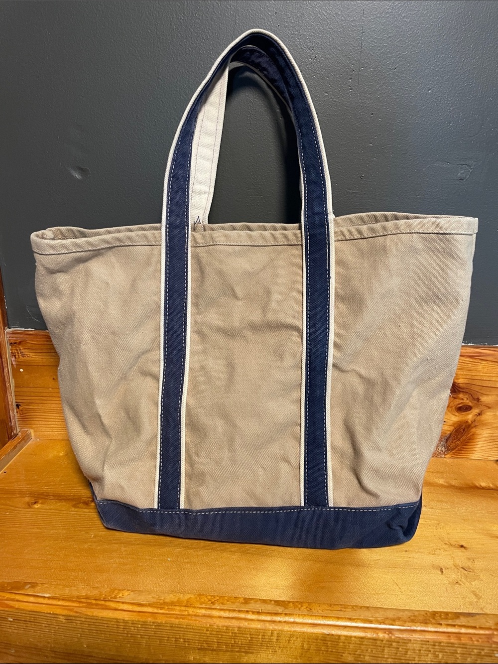 Vintage Medium Sized Canvas Tote Bag with Navy Trim